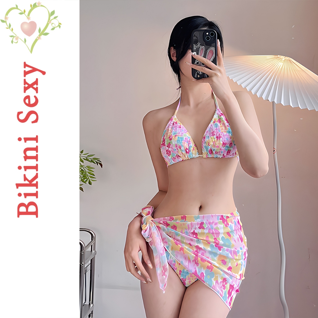 BikiniSexy บิกินี่ชุดว่ายน้ํา 3 ชิ้น ชุดว่ายน้ําผู้หญิง เซ็กซี่ ผูกเชือก ดอกไม้ ส่งจากไทย #0252