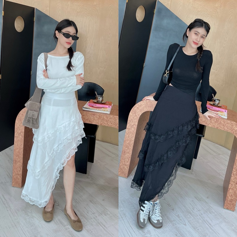 New Arrival layered lace skirt กระโปรงลูกไม้ชั้นๆ เนื้อผ้าโพลีเอสเตอร์ เอวด้านหลังสม๊อค มีซิปข้าง รุ่นนี้งานสวยมากน้า