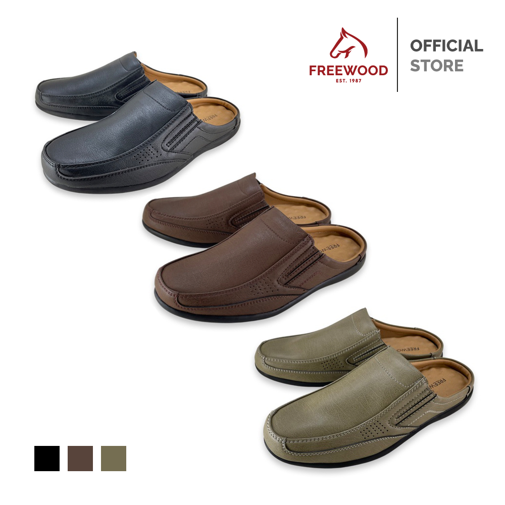 FREEWOOD OPEN HEEL CASUAL SHOES รองเท้าลำลองผู้ชาย หนังแท้ แบบเปิดส้น รุ่น 78-7721 สีดำ / สีน้ำตาล / สีเผือก