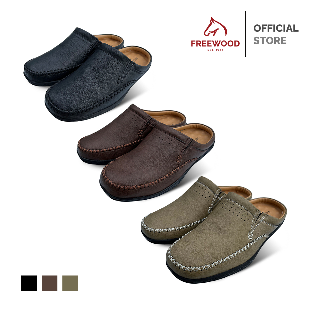 FREEWOOD OPEN HEEL CASUAL SHOES รองเท้าลำลองผู้ชาย หนังแท้ แบบเปิดส้น รุ่น 79-6281 สีดำ / น้ำตาล / เผือก