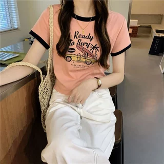 เสื้อครอปแขนสั้นรัดรูปสวยๆผู้หญิงฤดูร้อนใหม่ เสื้อผ้าแฟชั่นสาวอวบมินิมอลสไตล์เกาหลี เสื้อยืดที่กําลังฮิต ผ้ายืดใส่สบาย