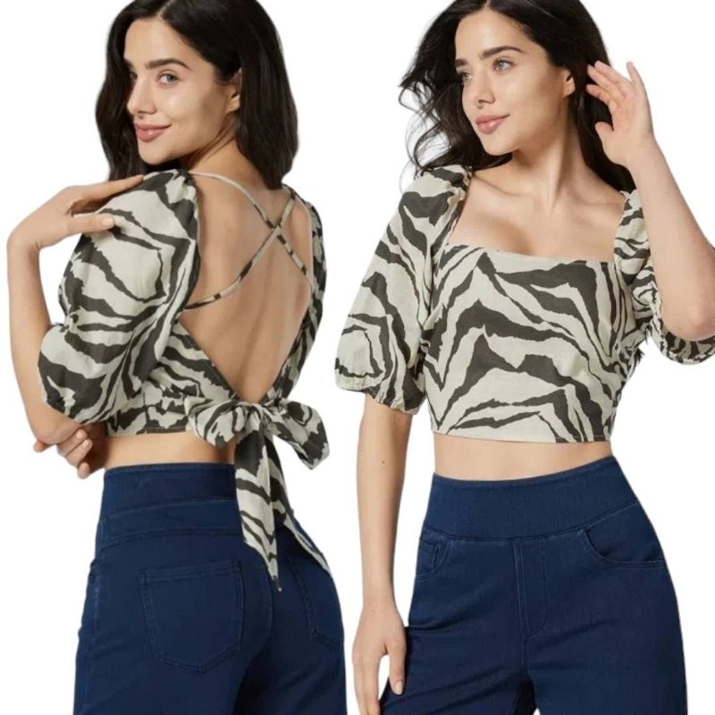 H.  Zebra Puff Sleeved crop Tops