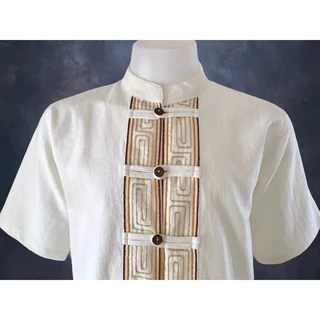 เสื้อผ้าเมือง คอจีน กระดุมกะลา เดินเชือก(สี) ครีม แขนสั้น