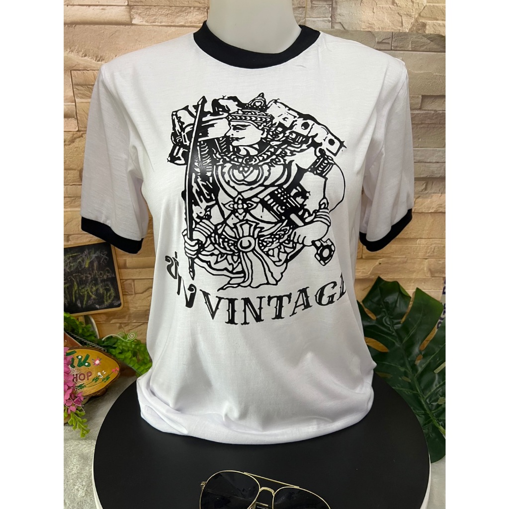 เสื้อยึดกุ๊นแขนวินเทจ แขนสั้นคอกลม สกรีนลายใส่ไม่ร้อน