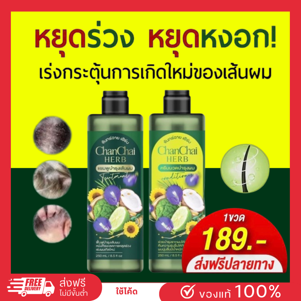 แชมพู + ครีมนวด สมุนไพรจันทร์ฉาย เฮิร์บ(ของแท้ 100%)สูตรเข้มข้น เร่งฟื้นฟู ดกx10ดกx10 ส่งฟรี เร่งผมเกิดใหม่