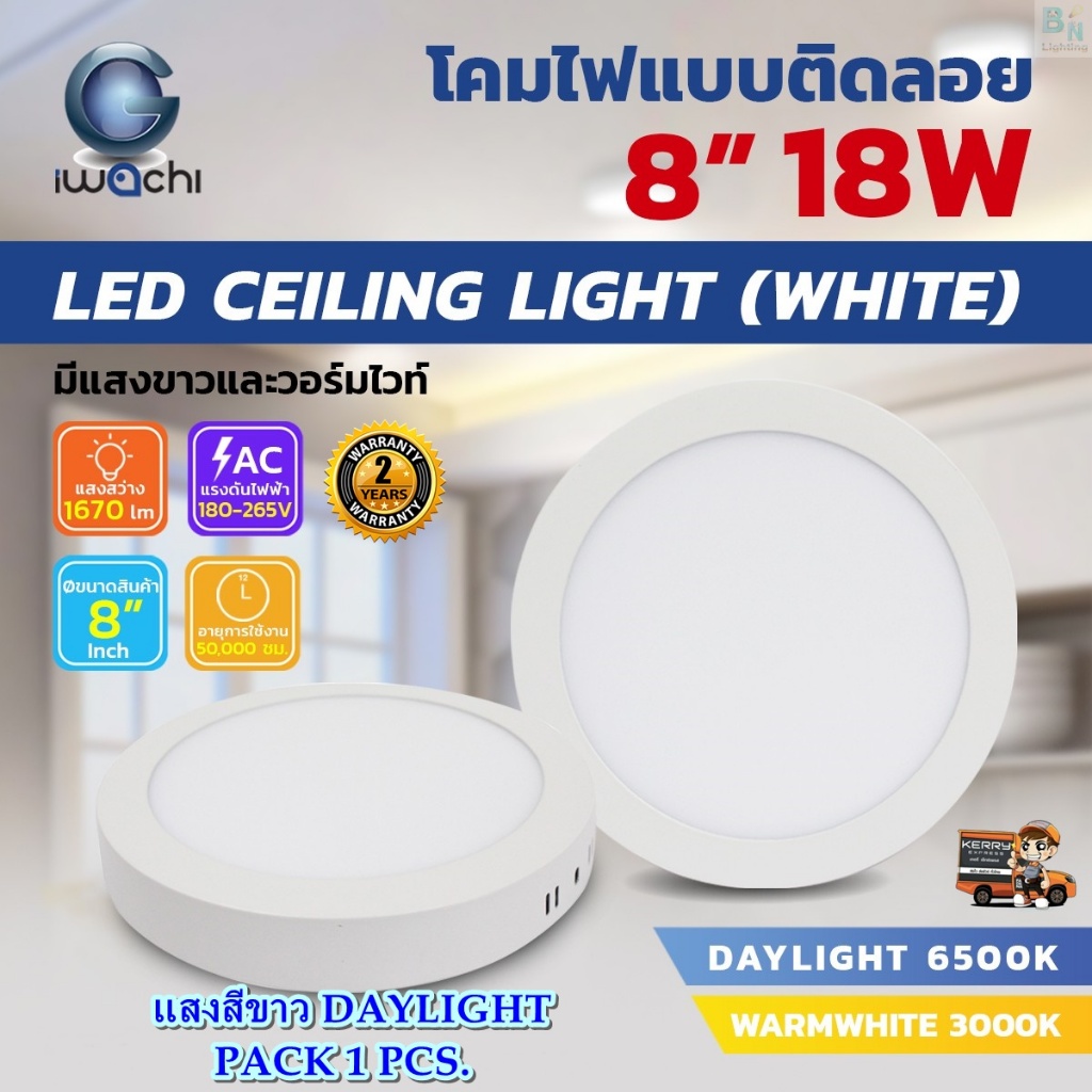 โคมไฟดาวน์ไลท์ LED แบบติดลอย ดาวน์ไลท์ติดลอย ดาวไลท์ LED หลอด LED Downlight led แบบกลม 8 นิ้ว 18W IWACHI ขอบขาว (1 ชุด)