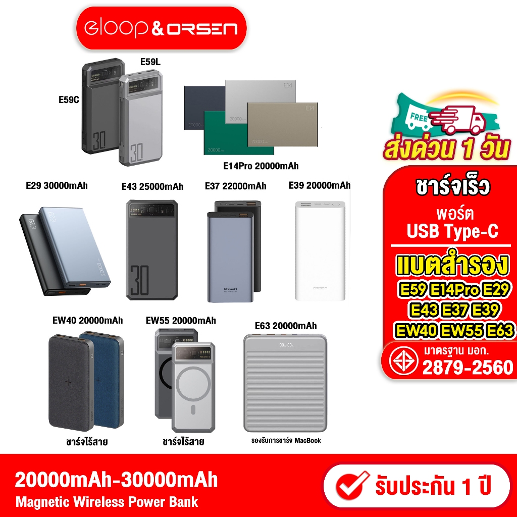 Powerbank 20000mahรุ่นฮิตE63 / E14Pro / E37 / E39 /E43 / EW40 / EW55 / E59C/E59L รับประกันของแท้100%