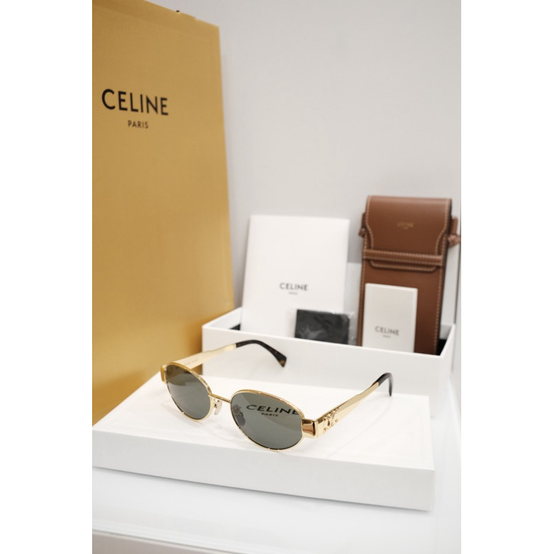 แท้New in pack Celine TRIOMPHE METAL 01 sunglasses IN METAL GOLD / GREEN with bag card box and recei