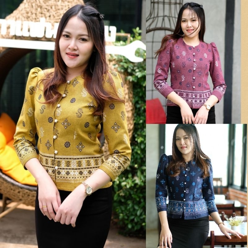 เสื้อคอกลมไทยเรือนต้น ผ้าฝ้ายอัดผ้ากาว ชุดผ้าไทย