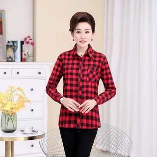 สินค้าพร้อมส่ง เสื้อเชิ้ตผู้หญิงลายสก๊อตผู้หญิงแขนยาวแฟชั่นระบายอากาศสบาย