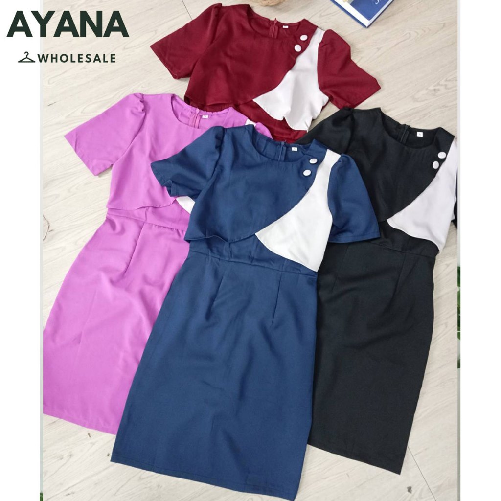 เดรสกระโปรงทรงเอ แขนสั้น เข้ารูป สีพื้นทูโทน