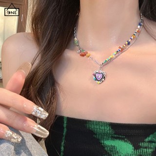 COD❤️สร้อยคอจี้หัวใจสีสันไม่สม่ำเสมอลูกปัดหินธรรมชาติY2Kสไตล…