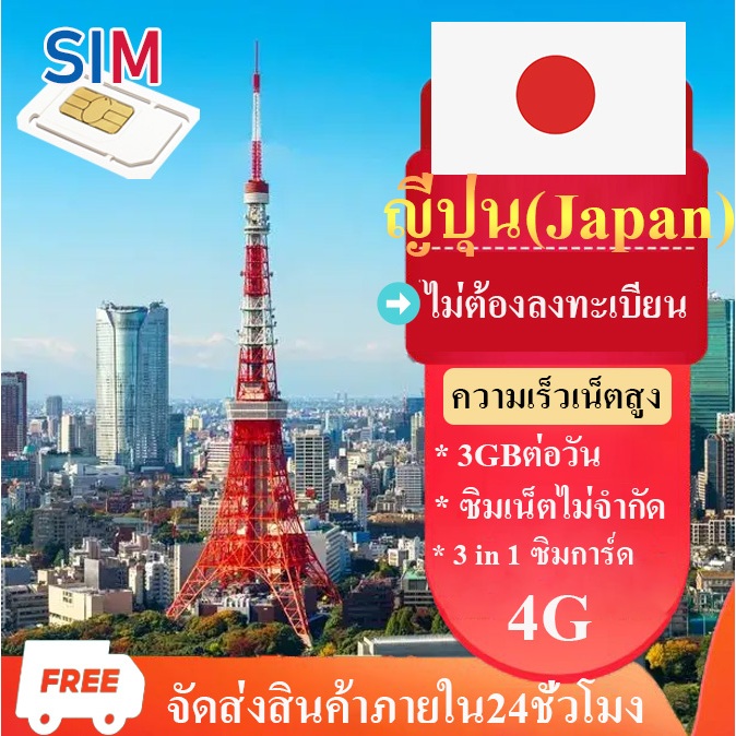 Japan travel sim ซิมญี่ปุ่น ซิมเน็ตไม่จำกัด  ซิมเน็ต4G ไม่ต้องลงทะเบียน 3GBต่อวัน  sim ญี่ปุ่น3-15วัน ซิมเน็ต