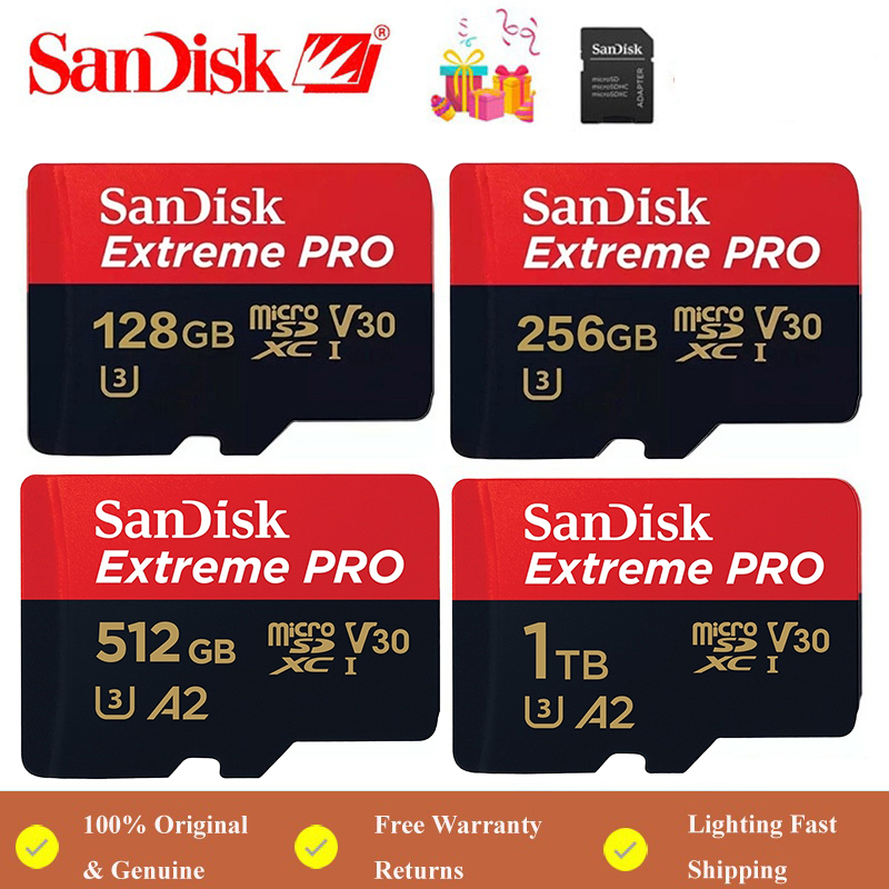 SanDisk Extreme PRO microSD Card Class10 A2 32GB/64GB/128GB/256GB/512GB ความเร็วสูง การ์ดหน่วยความจำการตรวจสอบโทรศัพท์ม