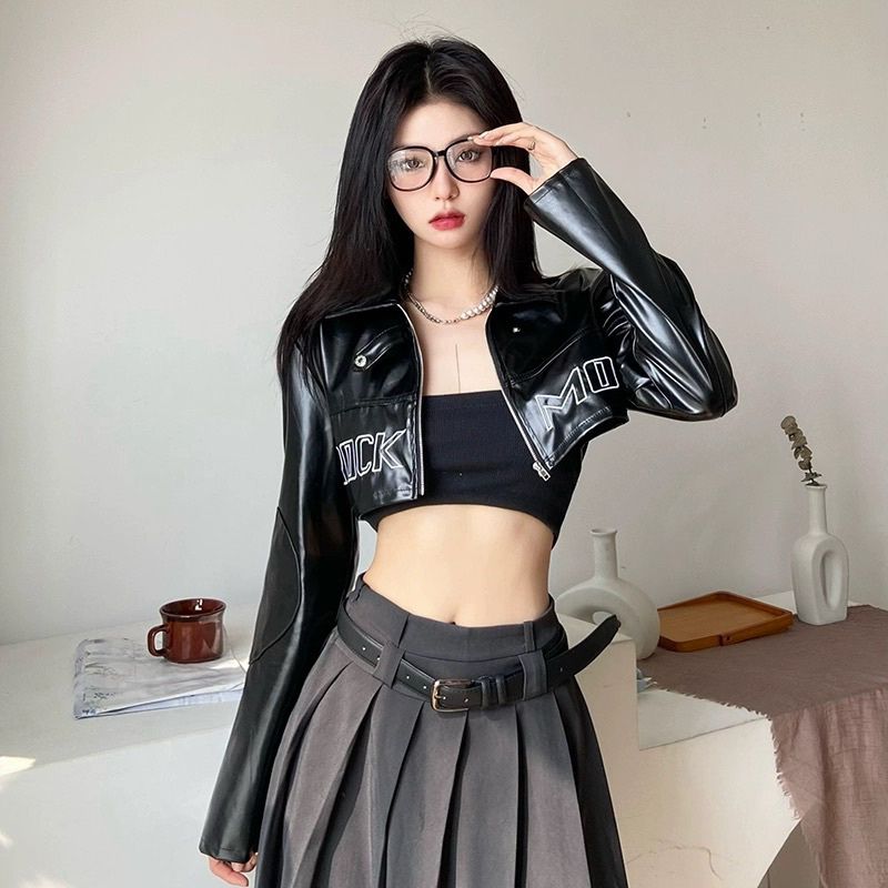[A1]พร้อมส่งในไทย เสื้อคลุมหนังสีดำ เสื้อครอปหนังแขนยาว สไตล์สตีทโคฟเวอร์