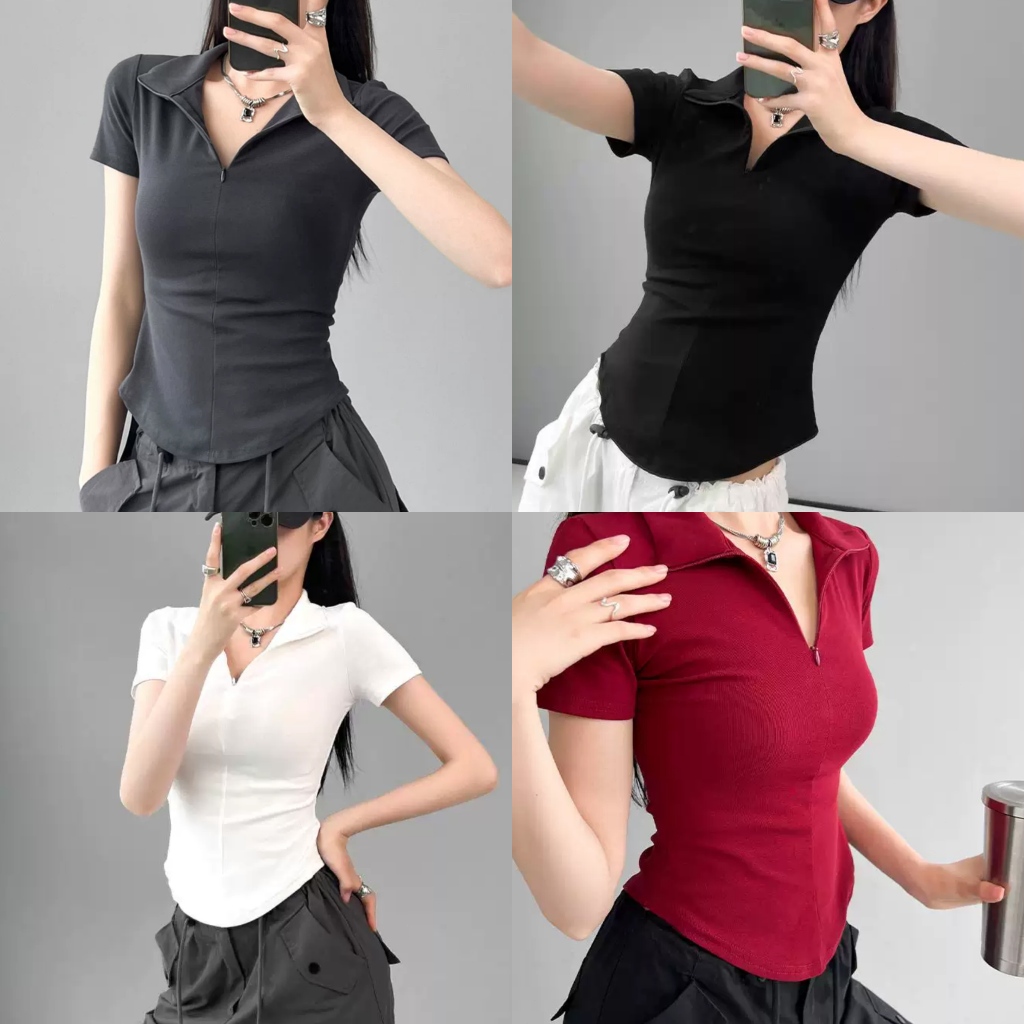 GHAOHES  เสื้อโปโล ไหล่ตรง เก็บเอว แขนสั้น เผยผอม เสื้อยืด คอวี ท็อปส์ มีสี่สีให้เลือก