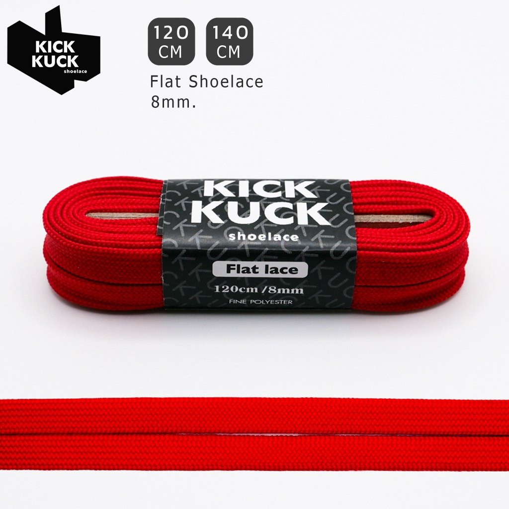(หนา2ชั้น ไม่บาง) KICKKUCK (คิกคัก) เชือกรองเท้าสีแดง (RED) (แบบแบน)FLAT ความยาว120.140cm. เสปคเดียวกับแบรนด์