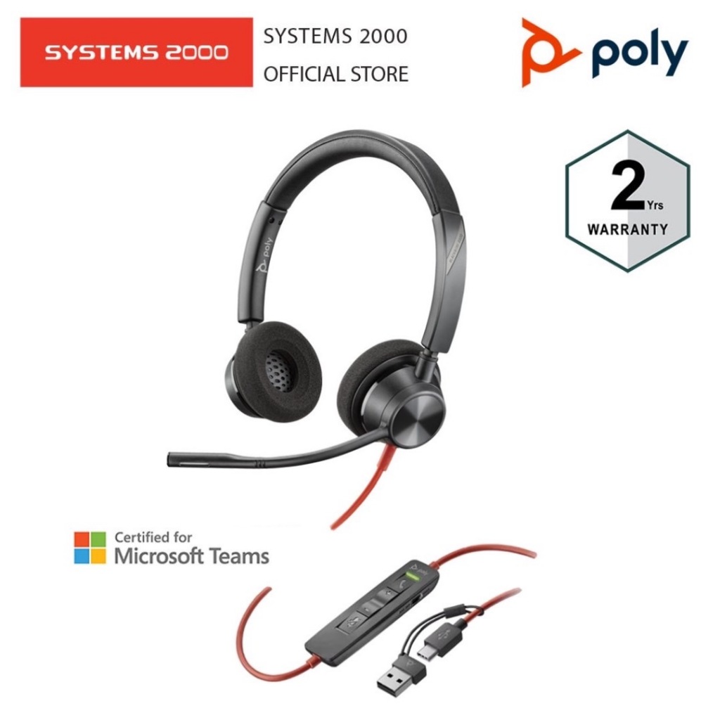 POLY Blackwire 3320 Stereo USB-C Headset +USB-C/A Adapter