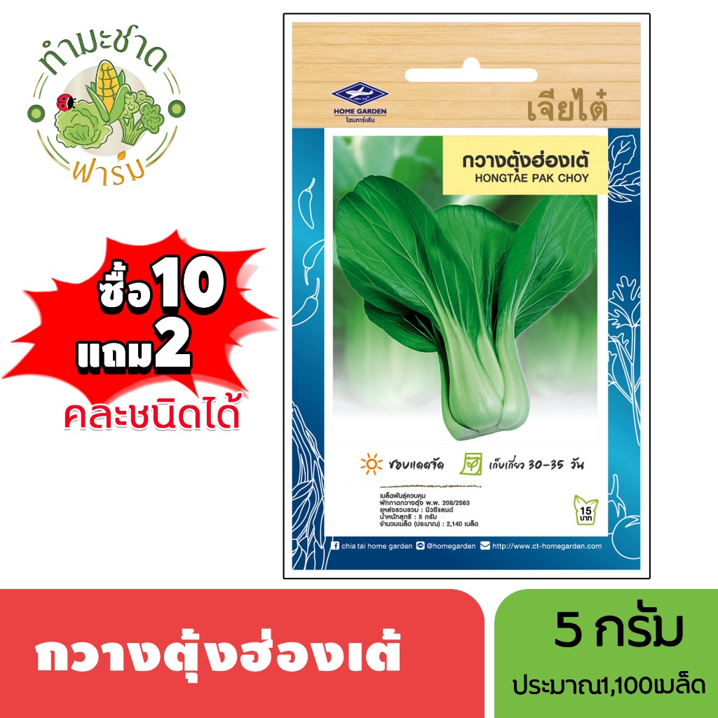 เจียไต๋ (ซื้อ10แถม2) เมล็ดพันธุ์ กวางตุ้งฮ่องเต้ ขนาด3กรัม ประมาณ1,100เมล็ด Hongtae Pak Choy กวางตุ้ง เมล็ดพันธุ์พืช เมล