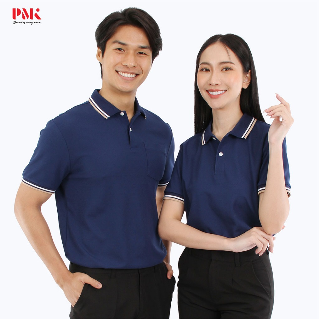 PMK - KM004 สีกรมท่า - เสื้อโปโล รุ่น Kaneko KM ไม่ยับ อยู่ทรง