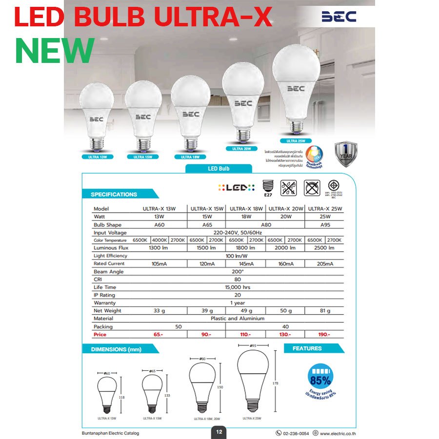 BEC หลอดไฟ LED Bulb ราคา 10 หลอด รุ่น ULTRA-X 3w 5w 7w 9w 11w 13w 15w ขั้ว E27 ประกัน1ปี รูปที่ 2