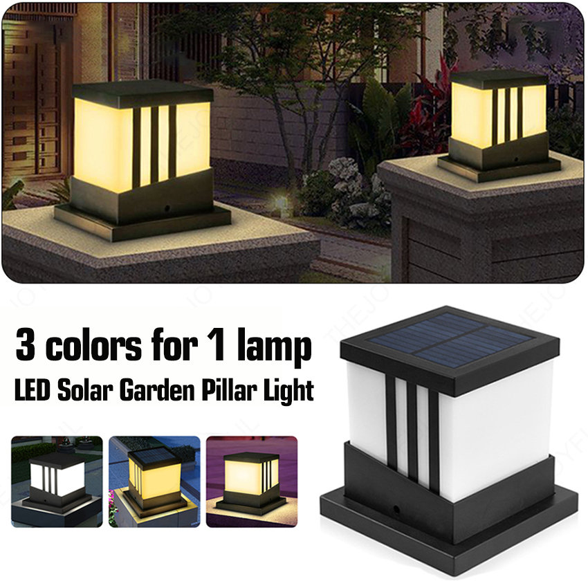 โคมไฟโซล่าเซลล์สำหรับกลางแจ้ง โคมไฟเสารั้วโซล่าเซล 3 โหมด ภายนอกอาคาร กันน้ำ ตกแต่งสวน เสาไม้ เปิด-ป
