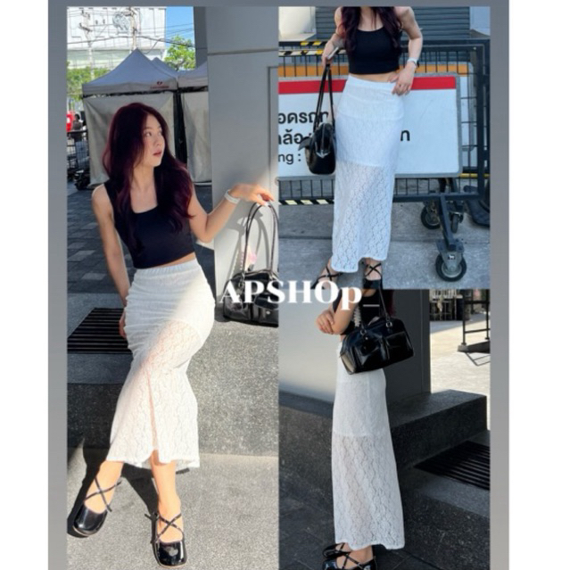 APSHOp -014 กระโปรงยาวลูกไม้ยืดูSummer🌊สินค้าส่งจากไทย