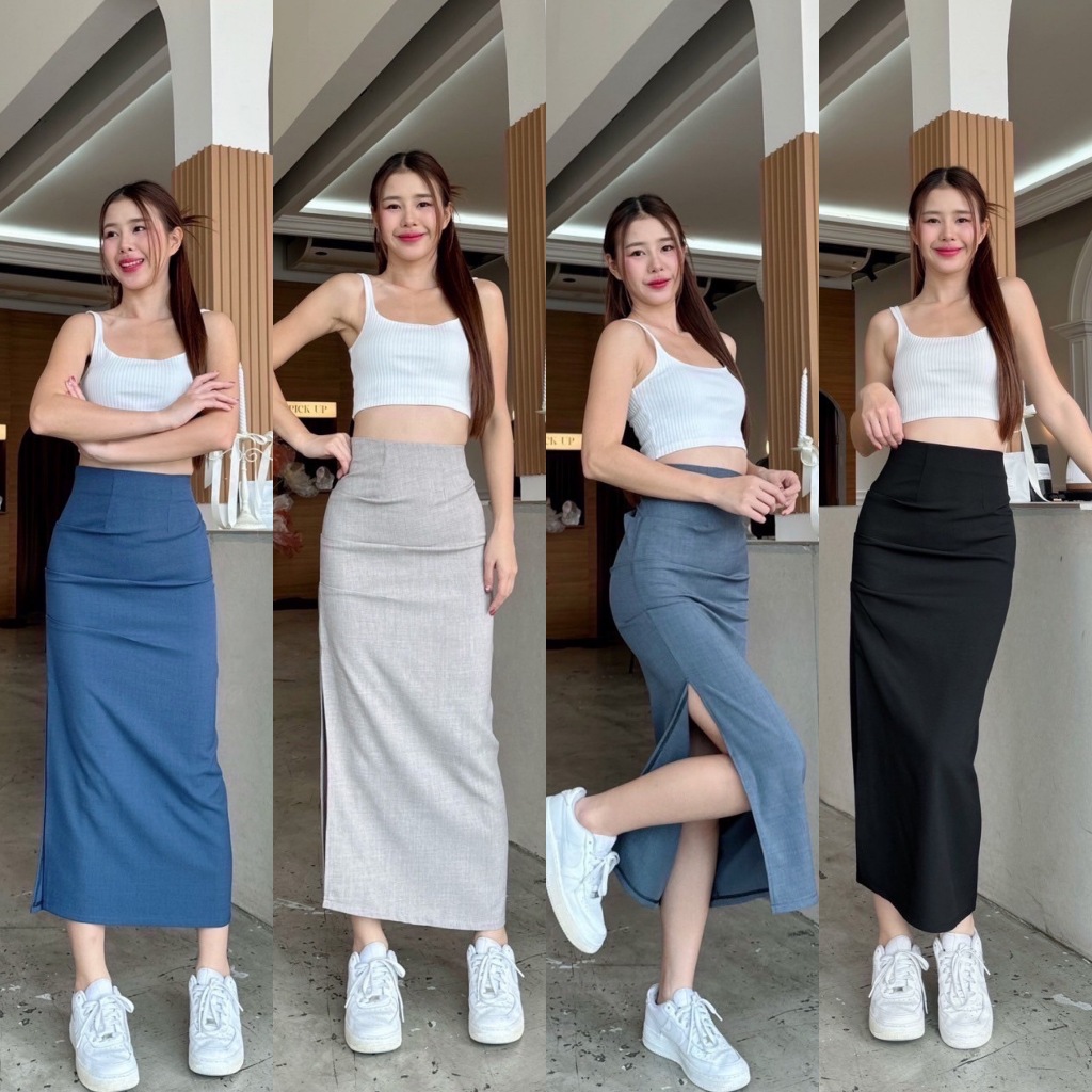 กระโปรงยาว กระโปรงผ่าข้าง ดีเทลผ้าย่นข้าง y2k ผู้หญิง Clothing