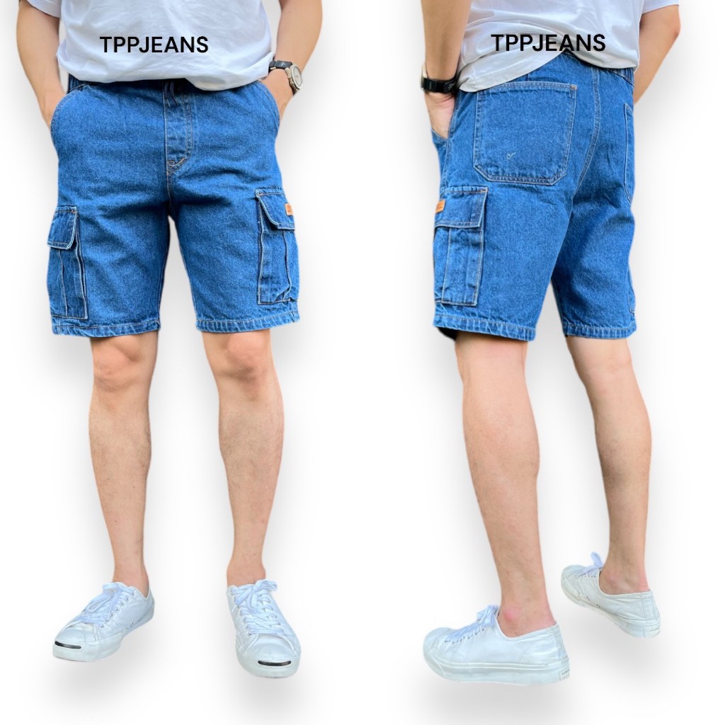๋JEANSEXPRESS Shorts Men's กางเกงยีนส์ขาสั้นทรงตรงเหนือเข่า สีบลูยีนส์ กระเป๋าข้าง ผ้ายืด เอวยางมีเชือก Size 28-36