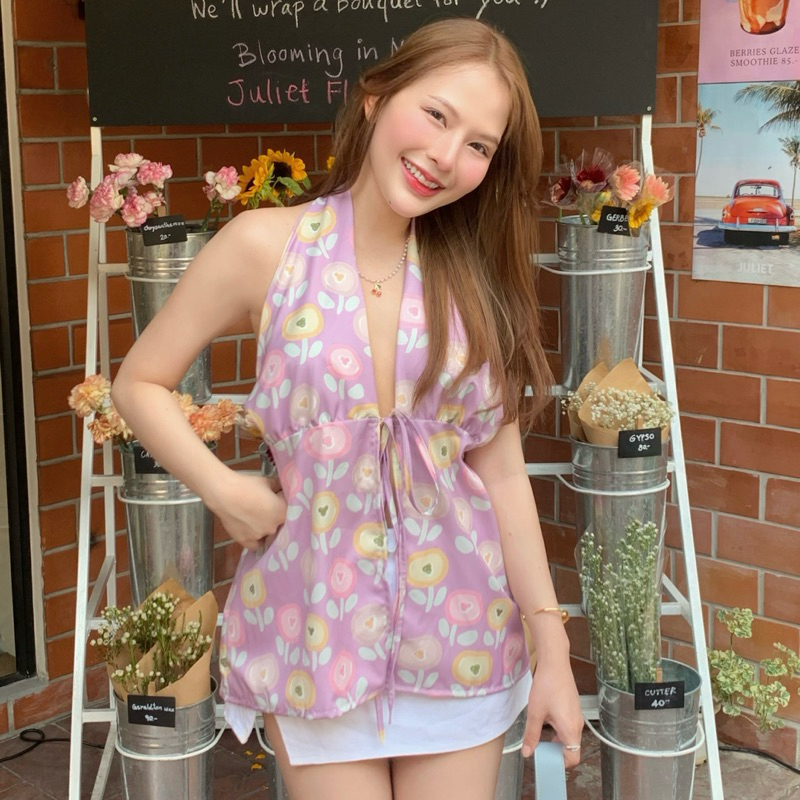 Papaya Top เสื้อลายดอก+กระโปรงผ้าสาลู เสื้อไปทะเล