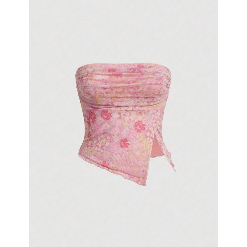 (พร้อมส่ง)เสื้อเกาะอก ลายดอกไม้ จีบข้าง มี 3สีให้เลือก