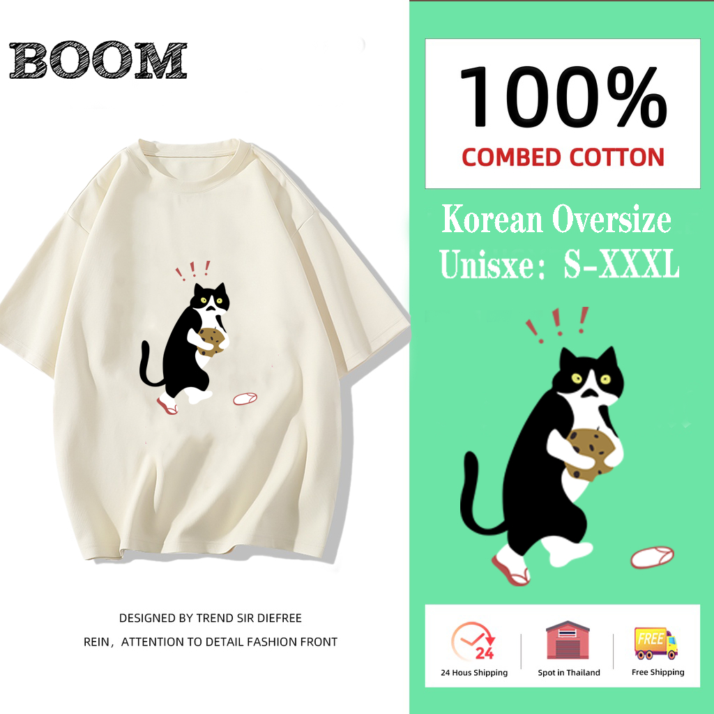 （พร้อมส่งจากกทม มาถึงใน 3วัน）print T-shirt，การ์ตูนตลกแมวสีดำพิมพ์เสื้อยืดแขนสั้น