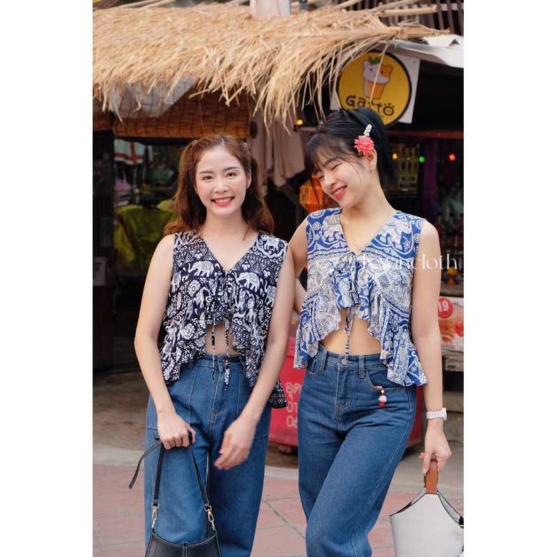 Aiyara crop เสื้อช้าง ผูกหน้า เสื้อลายช้าง
