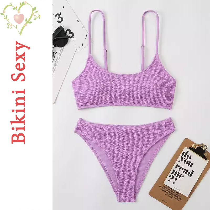 BikiniSexy ชุดว่ายน้ําบิกินี่ ชุดว่ายน้ําผู้หญิง สีทึบ ลายทาง สายสะพายไหล่คู่ คอปกต่ำ ส่งจากไทย #0270