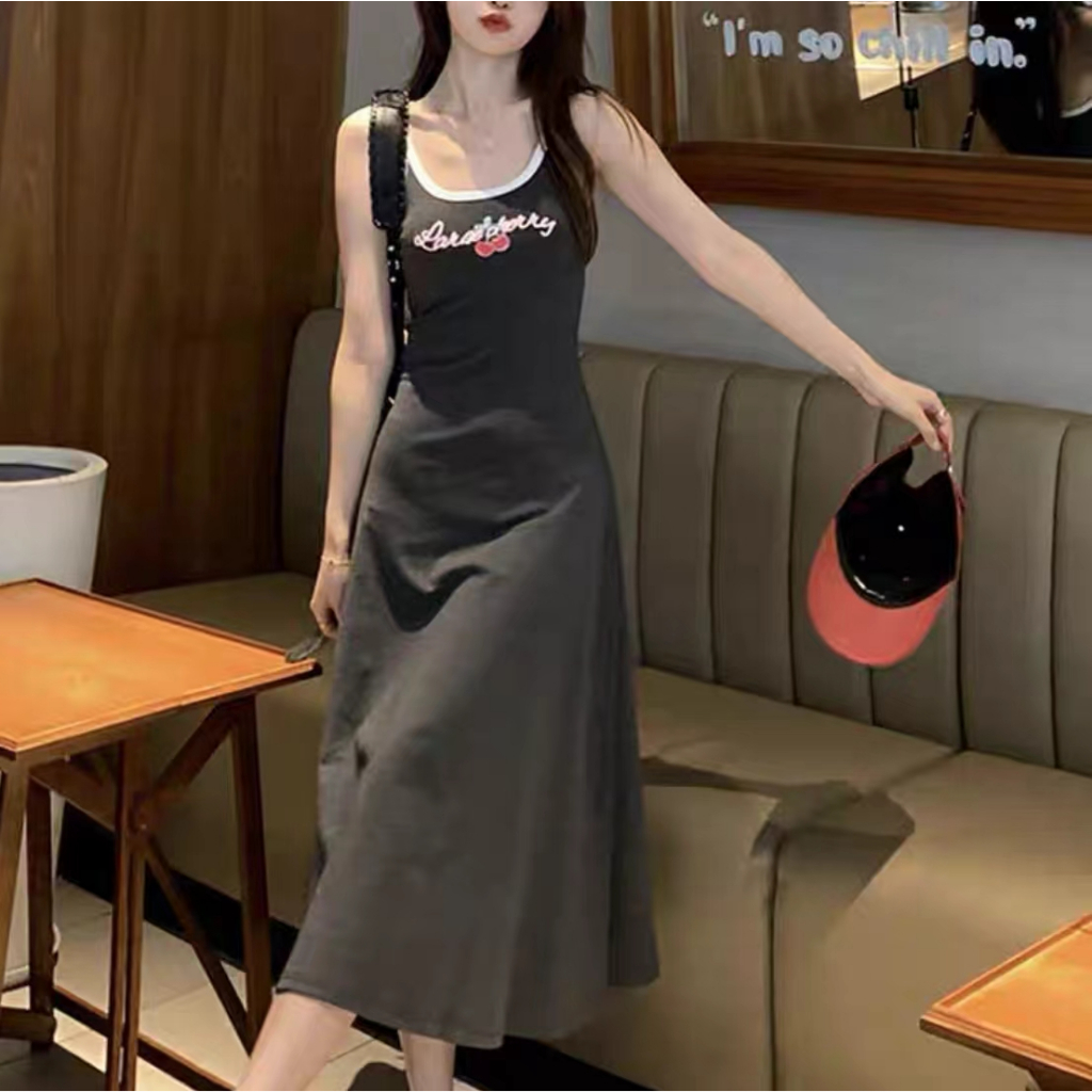 M2309-5 ชุดเดรสสายเดี่ยวไคว้หลัง สีพื้น ลายเชอรี่ เดรสกระโปรงฟรีไซส์ พร้อมส่ง