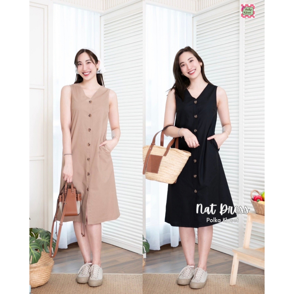 NAT Dress เดรสกระดุมหน้าใส่สบาย Style สาวญี่ปุ่น กระเป๋า 2ข้าง คล่องตัว หยิบใส่ได้บ่อย