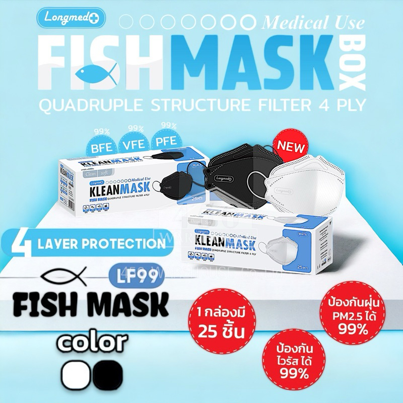 Longmed Fish mask LF99  หน้ากากอนามัยทรงเกาหลี หนา4ชิ้น แบบกล่อง ใช้งานสะดวกยิ่งขึ้น บรรจุ 25ชิ้น/กล