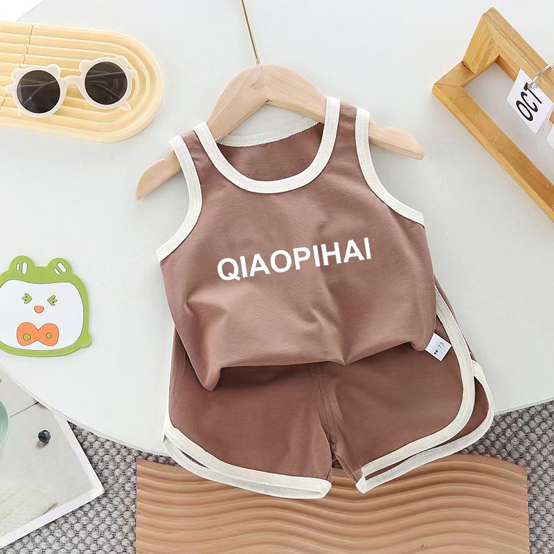 Babyonline(Y087)2H2-3 (ส่งด่วน1วัน)ชุดเช็ตเสื้อกล้ามกางเกงขาสั้นสำหรับเด็กสกรีนลายอักษรสุดเท่ ผ้าฝ้าย นิ่ม ใส่สบาย