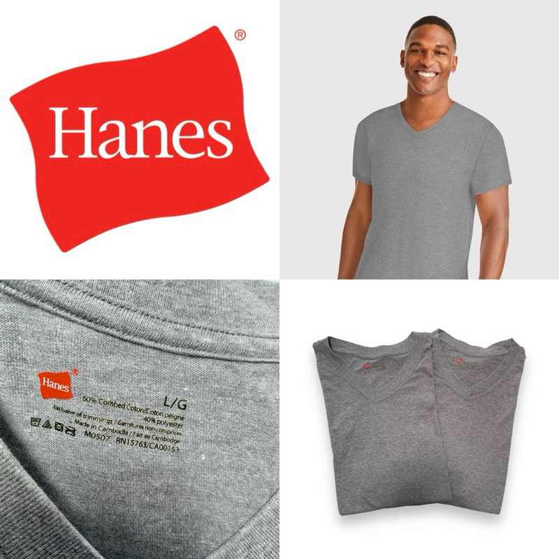 Hanes เสื้อยืด คอวี แขนสั้น สีเทา ผ้านุ่ม Size L