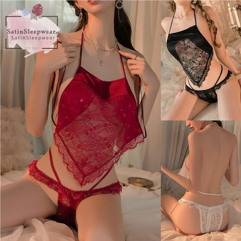 SatinSleepwear 💞💞 ชั้นใน ลูกไม้ ดูผ่าน ชุดนอนไม่ได้นอน ไม่มีเป้า เชือกแขวนคอ ส่งจากไทย(H9252）