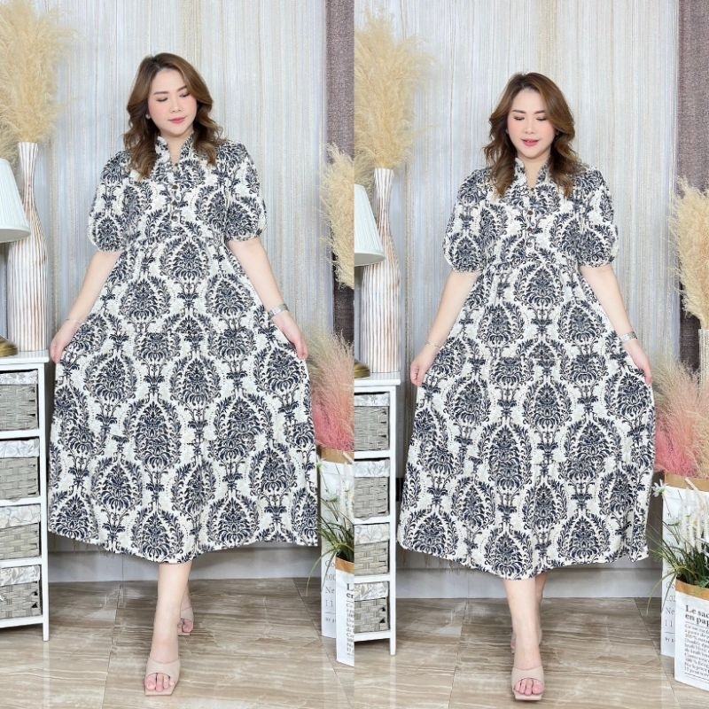 พร้อมส่ง.เดรสคอจีน ลายไทยสาวอวบ Free size:32 – 46 นิ้ว.เป็นผ้าไหมอิตาลี. ราคา ถูกที่สุด ดีลบีเคเค แกลเลอรีภาพที่ 2