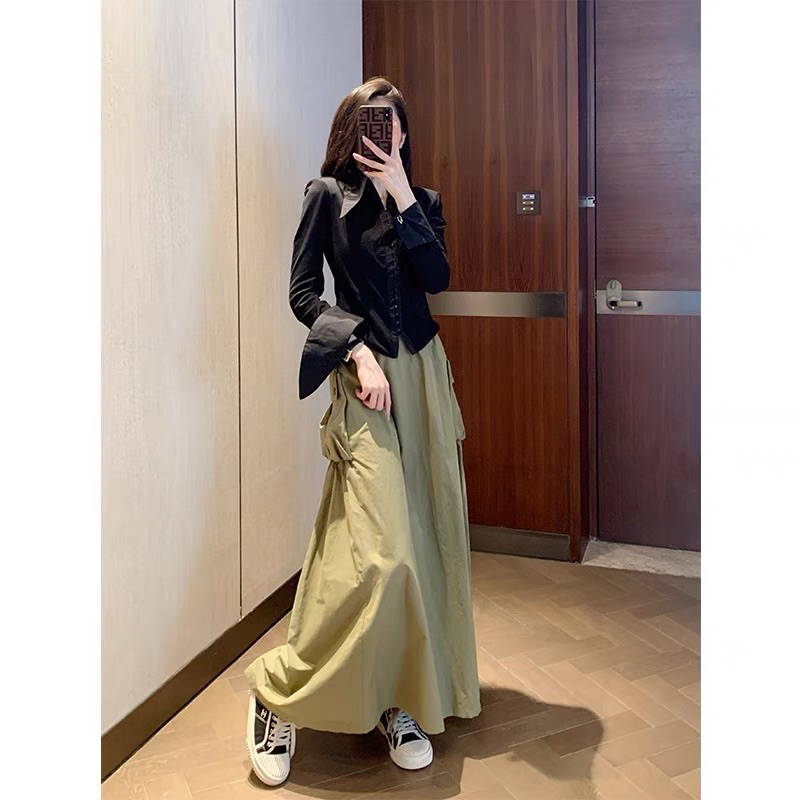 พร้อมส่ง กระโปรงยาวเรียบหรูสไตล์เกาหลีสไตล์สตรีทแฟชั่นทรงพอง ผ้ารเอวยางยืดคาร์โก้ไซส์ใหญ่ 529#