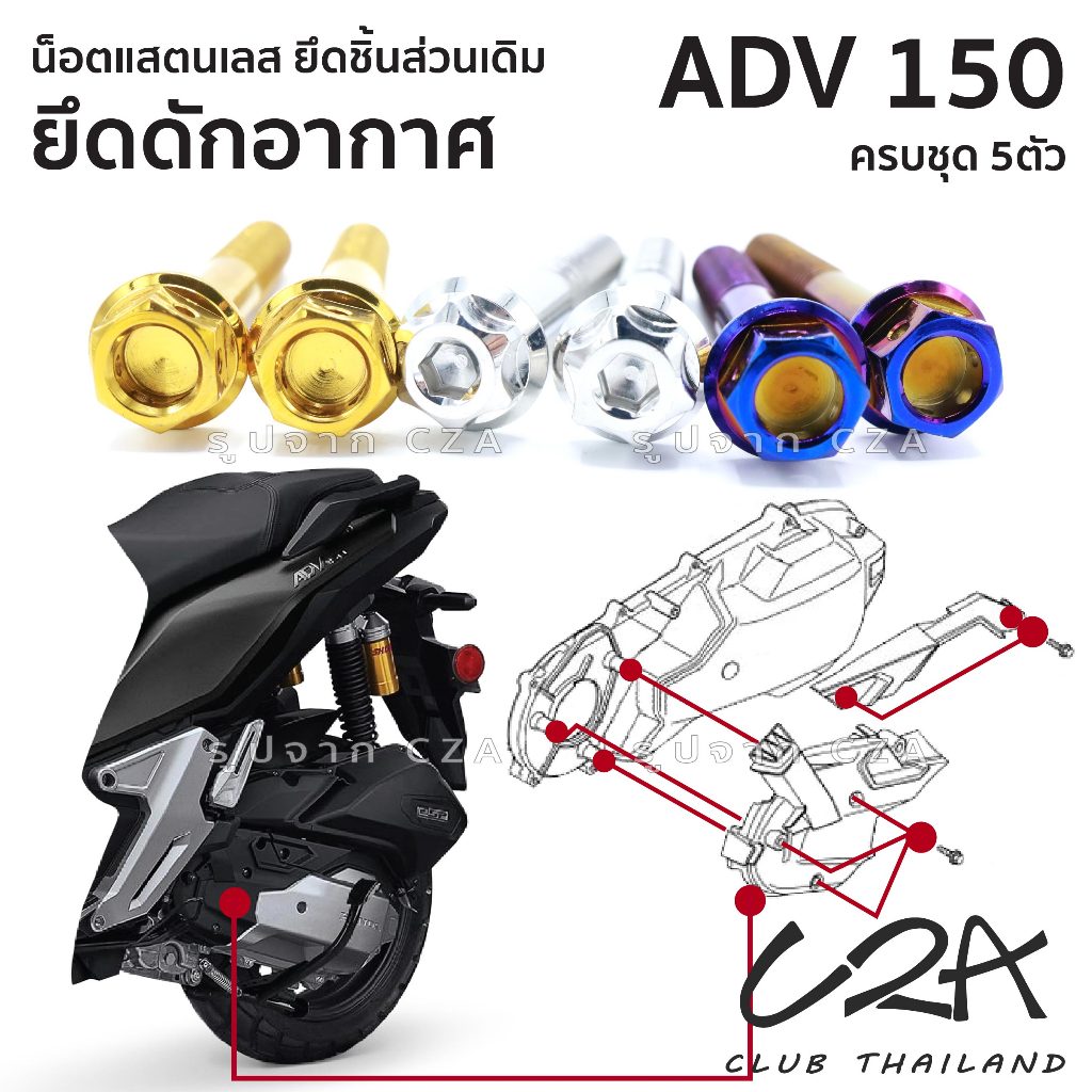 ชุดน็อตเลส ยึดดักอากาศ เดิม ADV150 งานสแตนเลส ชุดสี ฝาครอบดักอากาศ ADV150 งานเลสแท้ ราคาชุด 5ตัว