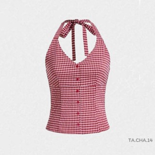 พร้อม​ส่ง​ 🍒​🌈​ เสื้อ​คล้อง​คอ​ลายสก็อต​ แต่​งกระดุมด้าน​หน้…