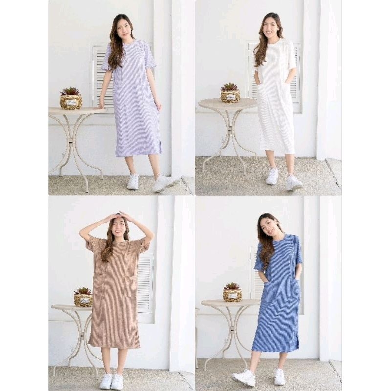 Maxi dress :เดรสยาว เรียบ เก๋ มินิมอล ทรงหลวมๆ ใส่สบาย แต่งเก๋กระเป๋าใหญ่ด้านหน้า