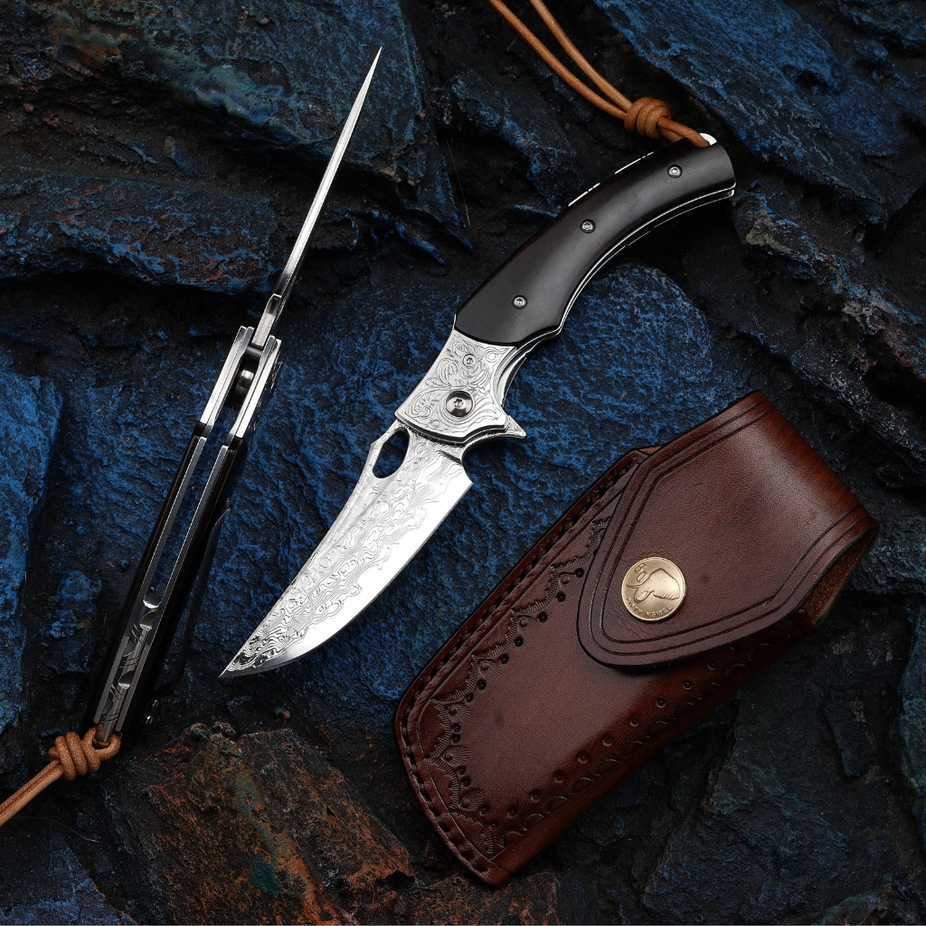 มีดพับ Folding pocket knife NEWOOTZ ใบ 3.5" Japanese Damascus VG10, Liner lock ด้ามไม้ Ebony มีดแคมป์ ซองหนังแท้