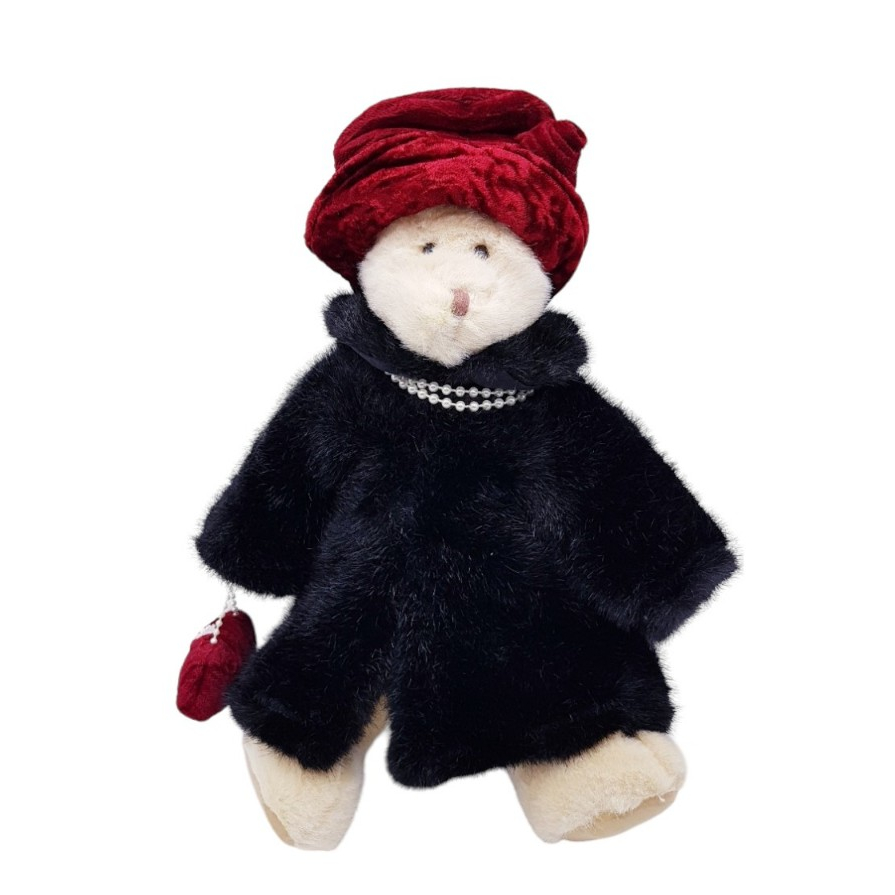 ❤️Vintage Russ Berrie &amp; Co Nuria Plush Teddy Bear in Black Faux Fur Coat Pearls Purse 12" สินค้ามือสอง