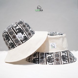 หมวกผ้าฝ้ายลายช้าง ทรงบักเก็ต หมวกกันแดดมีสายรัดคาง