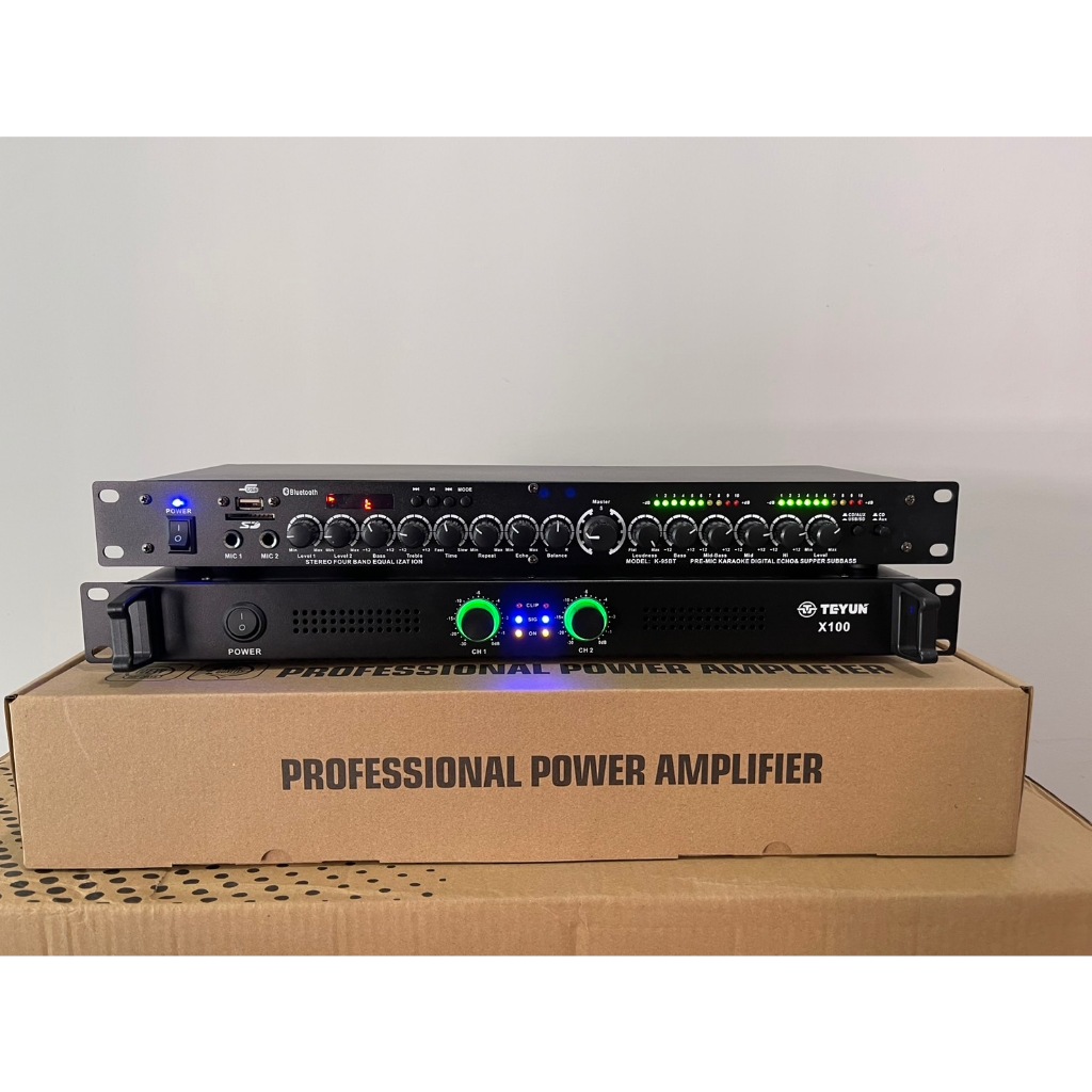 ชุคเพาเวอร์แอมป์+ปรีแอมป์ เพาเวอร์แอมป์รุ่นX-100กำลังขับ300วัตต์RMS ปรีแอมป์คาราโอเกะไฟLED มี mp3 USB รุ่นK-95BT