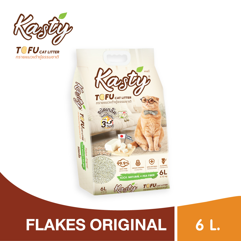 Kasty Flakes Natural Tofu Cat Litter ทรายแมวเต้าหู้ ชนิดเกล็ดละเอียด สูตร Original ขนาด 6L (2.72 Kg.